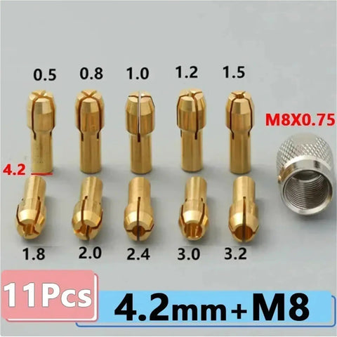 Get Your Mini Brass Chuck Drill Set With M8 Nuts And 0.5 To 3.2mm Collets For Perfect Jewelry Grinding And Rotary Tool Accessory Work, showing brass collets.