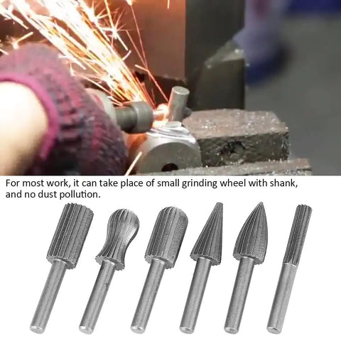 Heavy Duty Tungsten Carbide Burrs Six Pack Built Tough For Wood Carving And Metal Engraving With 6mm Shank top view of grinding bits in use