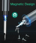 47 Magnetic Bits Mini Electric Screwdriver Kit With Bright LED Light showing magnetic capability with screws attached to bit.