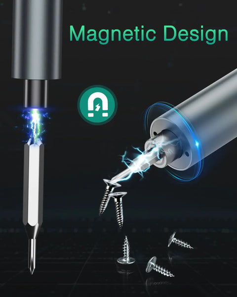 47 Magnetic Bits Mini Electric Screwdriver Kit With Bright LED Light showing magnetic capability with screws attached to bit.