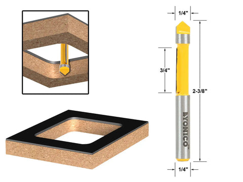 1/4 Inch Panel Pilot Trim Router Bit Heavy Duty Carbide Cutters Glide Over Veneer Sink Edges Smooth As Glass During Center Void Plunging A Badass Heavy Lifter That Crushes Handheld Setup Work with dimensions showing cutting tip.