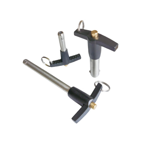 Stainless Steel T Handle Ball Lock Pin With Lanyard Quick Release For Home Gear And Audio Setups, shown in various angles, 6mm diameter.