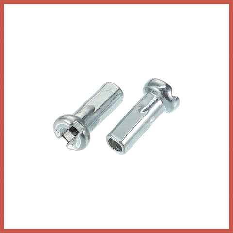 Close-up of 36 Pcs 14G J Bend Bicycle Spokes With Nipples, 270mm Length, 2mm Shaft, Steel Silver Tone Spoke Kit showing nipples detail.