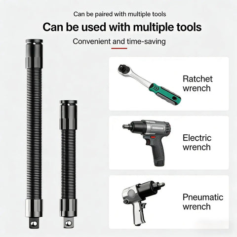 Heavy Duty 1/2 Inch Flexible Shaft Extension Extender Kit with Portable Torque Socket Ratchet Spanner for Electric Wrench and multiple tools shown.