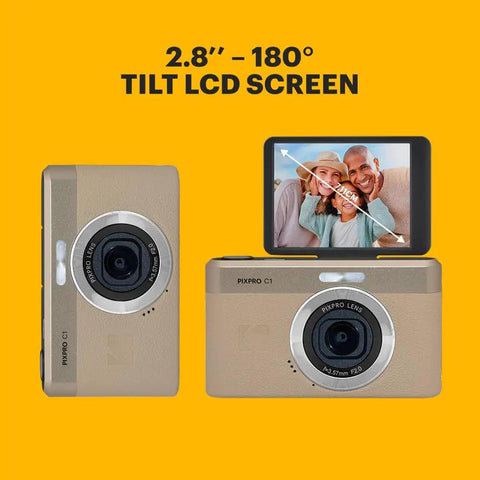 Compact Point And Shoot Camera With 13MP Sensor, 4x Digital Zoom, 26mm F2.0 Wide Angle, 180 Degree Flip Screen, 1080p HD Video, Tan Finish