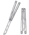 Canyon Balisong Trainer Butterfly Knife with stainless steel handle and blade, unsharpened for pro level flipping, open and closed view.