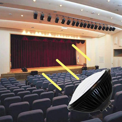 Par64 Led Bulb Replacement for 1000W Halogen, 80W, illuminating a theater stage with warm white light