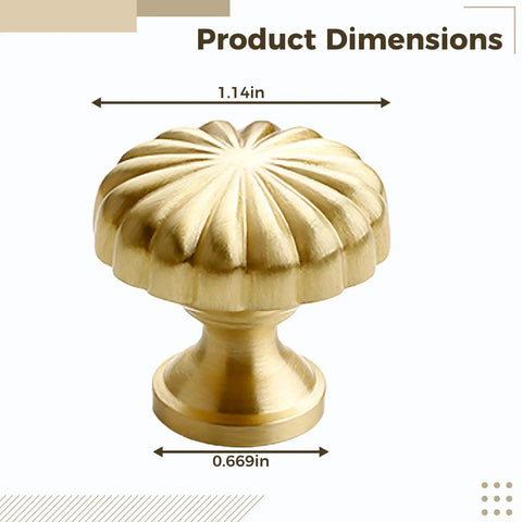 French Style Brass Cabinet Knobs Set Of Two, Gold Kitchen Cupboard Hardware, Pure Copper Dresser Drawer Pulls, Heavy Duty Build And Quick Swap to Big Time Elevate Your Home Decor. Dimensions shown: 1.14in wide, 0.669in base.