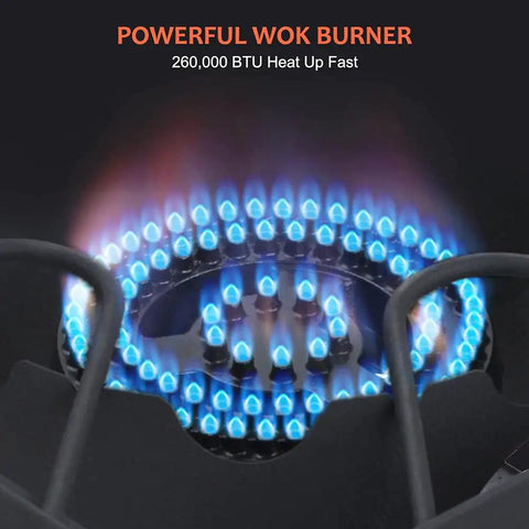 Powerful wok burner of the Two Burner Camping Stove With Up To 130,000 BTU Per Burner Heavy Duty Outdoor Gas Stove