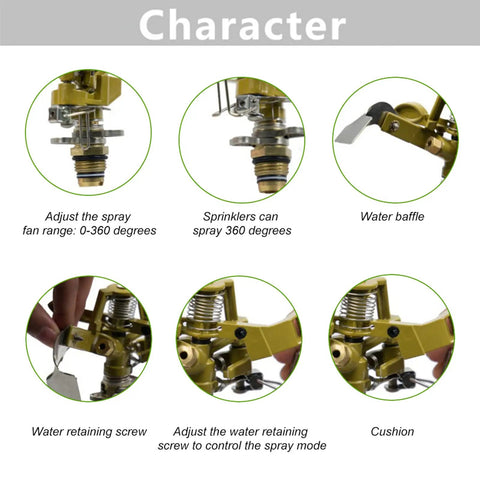 All Metal 360 Degree Rotating Garden Sprinkler With Copper Nozzle And Zinc Alloy Body features like adjustable spray head and water baffle.