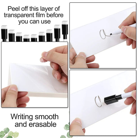 20 Pack Dry Erase Name Tent Cards With Black Markers being used, showing easy wipe feature, ideal for meetings and events