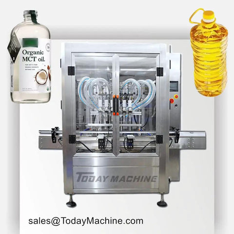 Fully Automatic Liquid Filling Capping And Labeling Machine For Honey Juice Oil Bottles Heavy Duty Build showing MCT oil and oil bottles.