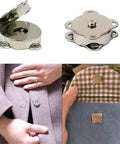 Plum Magnetic Snap Closures For Purses, Bags, And Clothing, 15mm silver snaps shown on fabric and coat