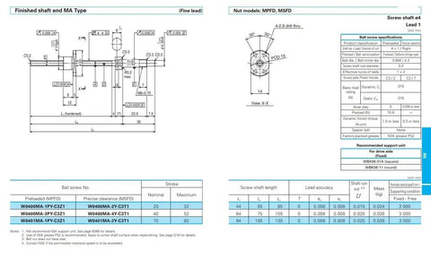 Technical drawing of Heavy Duty Ground Rolled Steel Ball Screw Model W0400MA, dimensions and specifications for CNC applications.