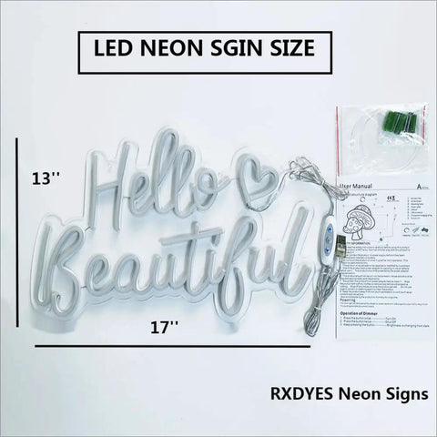 Hello Beautiful Heart White LED Neon Sign For Bedroom And Home Bar Cafe Decor Romantic 3D Art Gift 17X13 Inch