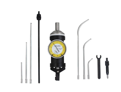 0 To 0.15 Inch Dial Indicator With 0.0005 Inch Graduations, Coaxial Centering, Yellow Dial Face, Dead On Centering For Horizontal And Vertical Machines, Model JD210003 with accessories.