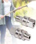 Close-up of two 3/8-inch stainless steel pressure washer quick-connect fittings with male and female NPT threads