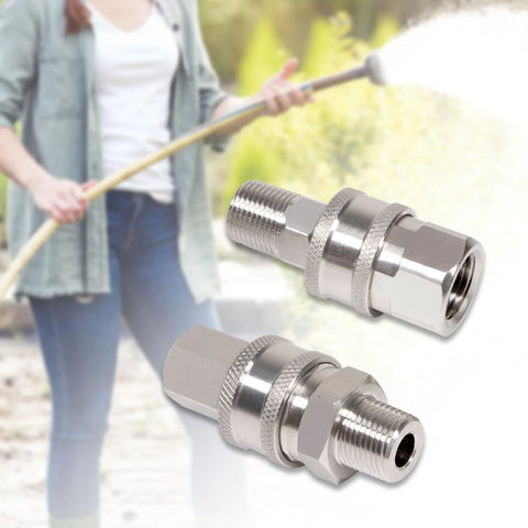 Close-up of two 3/8-inch stainless steel pressure washer quick-connect fittings with male and female NPT threads