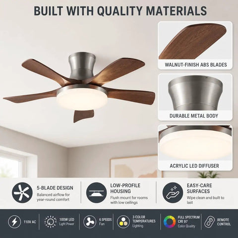 MADISH Modern Walnut 46 Inch Ceiling Fan With Light, showing wood grain ABS blades and durable metal body.