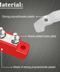 Red And Black Power Distribution Terminal Block With Cover Six One Quarter Inch M6 Posts Twelve Volt Battery Bus Bar with nickel plated brass plate and polycarbonate plastic.