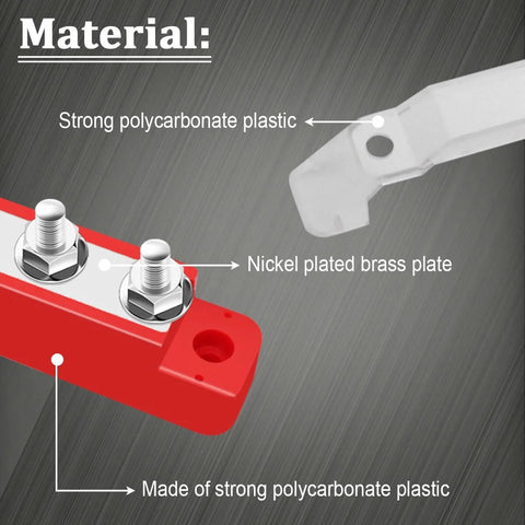 Red And Black Power Distribution Terminal Block With Cover Six One Quarter Inch M6 Posts Twelve Volt Battery Bus Bar with nickel plated brass plate and polycarbonate plastic.