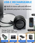 Wireless Remote Bike Alarm USB-C rechargeable, showing 400mAh battery, type-C port, power indicator; 115dB siren for motorcycles.