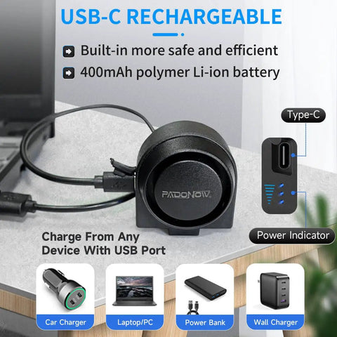 Wireless Remote Bike Alarm USB-C rechargeable, showing 400mAh battery, type-C port, power indicator; 115dB siren for motorcycles.