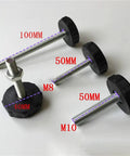 Adjustable Leveling Feet Set Of 4 M8 M10 With Anti Slip Base For Chairs Tables Desks And Cabinets Easy Individual Height Adjustment Beefy Rock Solid Metal Core Supports 200 Lbs Per Foot Keeps Furniture Level On Uneven Floors, showing four metal feet with different post lengths.