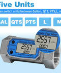 Close-up of 2 Inch Digital Turbine Flow Meter with NPT Thread for Water and Fuels, showing LCD display and unit conversion options.