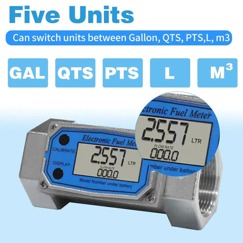 Close-up of 2 Inch Digital Turbine Flow Meter with NPT Thread for Water and Fuels, showing LCD display and unit conversion options.