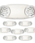 8 Pack Commercial Emergency Lights Featuring Dual Adjustable Led Lamps And A Rock Solid Ninety Minute Battery Ready To Roll When Power Fails At Your Business Location showing white housing and lens design.