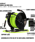 Manual Open Face Air Hose Reel 1/4 Inch By 100 Feet Hybrid ZillaGreen with swivel handle, hose layering guide, and support legs.