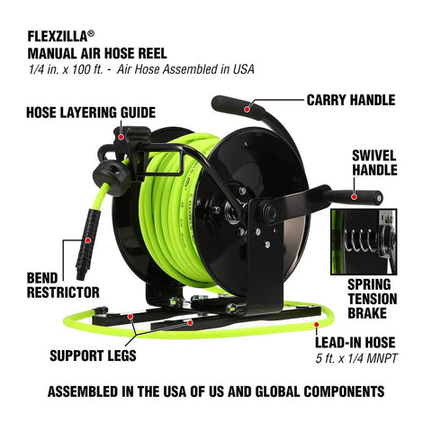 Manual Open Face Air Hose Reel 1/4 Inch By 100 Feet Hybrid ZillaGreen with swivel handle, hose layering guide, and support legs.