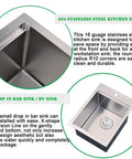 Close-up views of Drop In Bar Sink 15 X 21 Inch Single Bowl in 16 Gauge T304 Stainless Steel, showing design and corners.