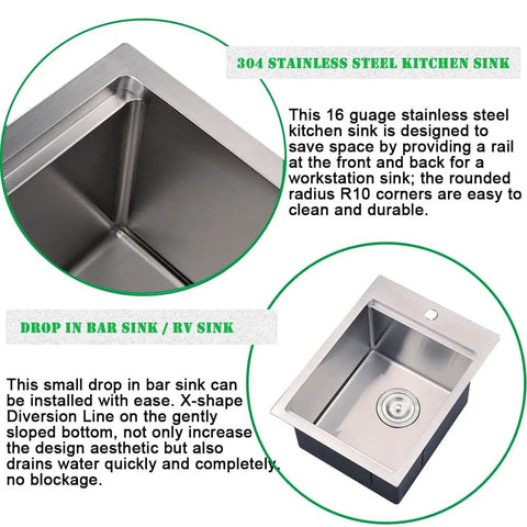 Close-up views of Drop In Bar Sink 15 X 21 Inch Single Bowl in 16 Gauge T304 Stainless Steel, showing design and corners.