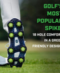 Golfer wearing Pulsar Golf Cleats Fast Twist 3.0 18 Count Clamshell Black fit most major golf shoes, showing cleat sole design.