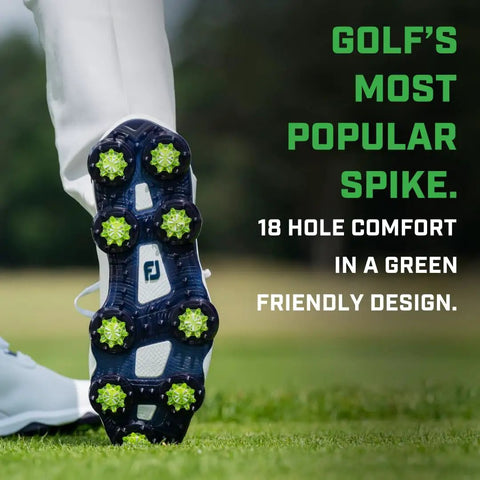 Golfer wearing Pulsar Golf Cleats Fast Twist 3.0 18 Count Clamshell Black fit most major golf shoes, showing cleat sole design.