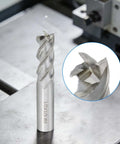 Front view of a silver 1/2 in square end mill with 1/2 in shank and 4-flute straight cutter.