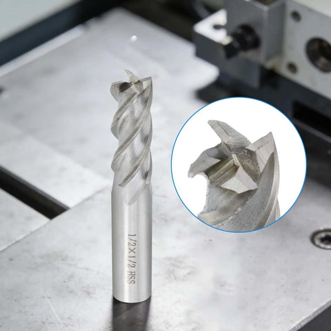 Front view of a silver 1/2 in square end mill with 1/2 in shank and 4-flute straight cutter.