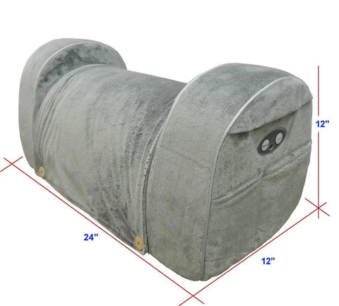 Carepeutic Contoured Leg Rest Wedge With Vibration Massage And Heat, 24x12x12 inches, soft grey fabric, ergonomic design with side pockets.