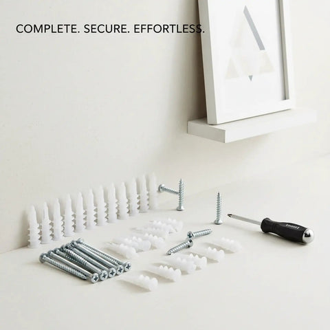 Heavy Duty M10 Nylon Drywall Anchors with screws and tools on white surface for secure hollow wall mounting or hanging pictures.