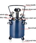 Heavy Duty Workhorse 15.8 Gallon Pressure Paint Pot Featuring Automatic Air Agitator And Corrosion Proof 304 Stainless Steel Liner with valves and carry handle.