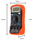 Vpro850L Digital Multimeter dimensions, orange insulated rubber case, backlit display, ideal for AC DC voltmeter and auto troubleshooting.