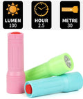Pocket Size 9 LED Mini Flashlight Pack Six With Lanyards Multicolor Beams And 18 AAA Batteries Included showing three colorful torches