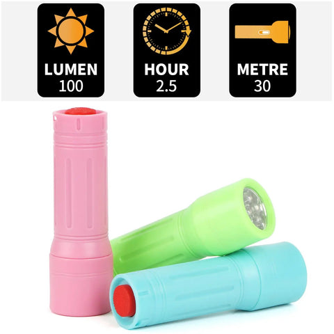 Pocket Size 9 LED Mini Flashlight Pack Six With Lanyards Multicolor Beams And 18 AAA Batteries Included showing three colorful torches