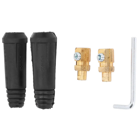 Heavy Duty Black Brass Welding Cable Quick Connectors Two Pack Rubber Shielded Hot Swap Power Plugs with fittings and wrench.