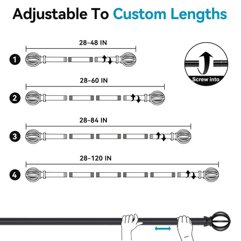 Diagram showing Super Strong Heavy Duty Black Curtain Rods For Windows Adjustable From 28 To 48 Inches 5/8 Inch Diameter