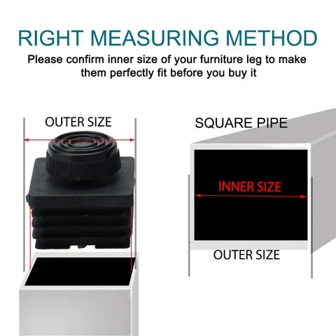 Diagram of Square Adjustable Furniture Leveling Feet Inserts 50x50mm Four Pack showing measuring method for proper fit.