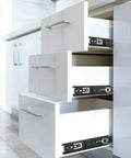Close-up view of kitchen drawers with Seven Pair Eight Inch Black Soft Close Drawer Slides Heavy Duty Steel Ball Bearing Gliders.