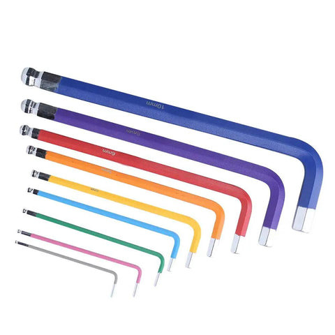 9 Piece Chrome Steel Hex Socket Wrench Set Color Coded CRV Heavy Duty Wrenches organized by size and color for easy identification.